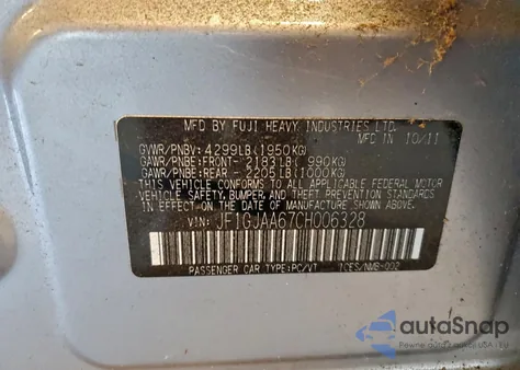 2012 Subaru Impreza из США, поврежденный, VIN JF1GJAA67CH006328